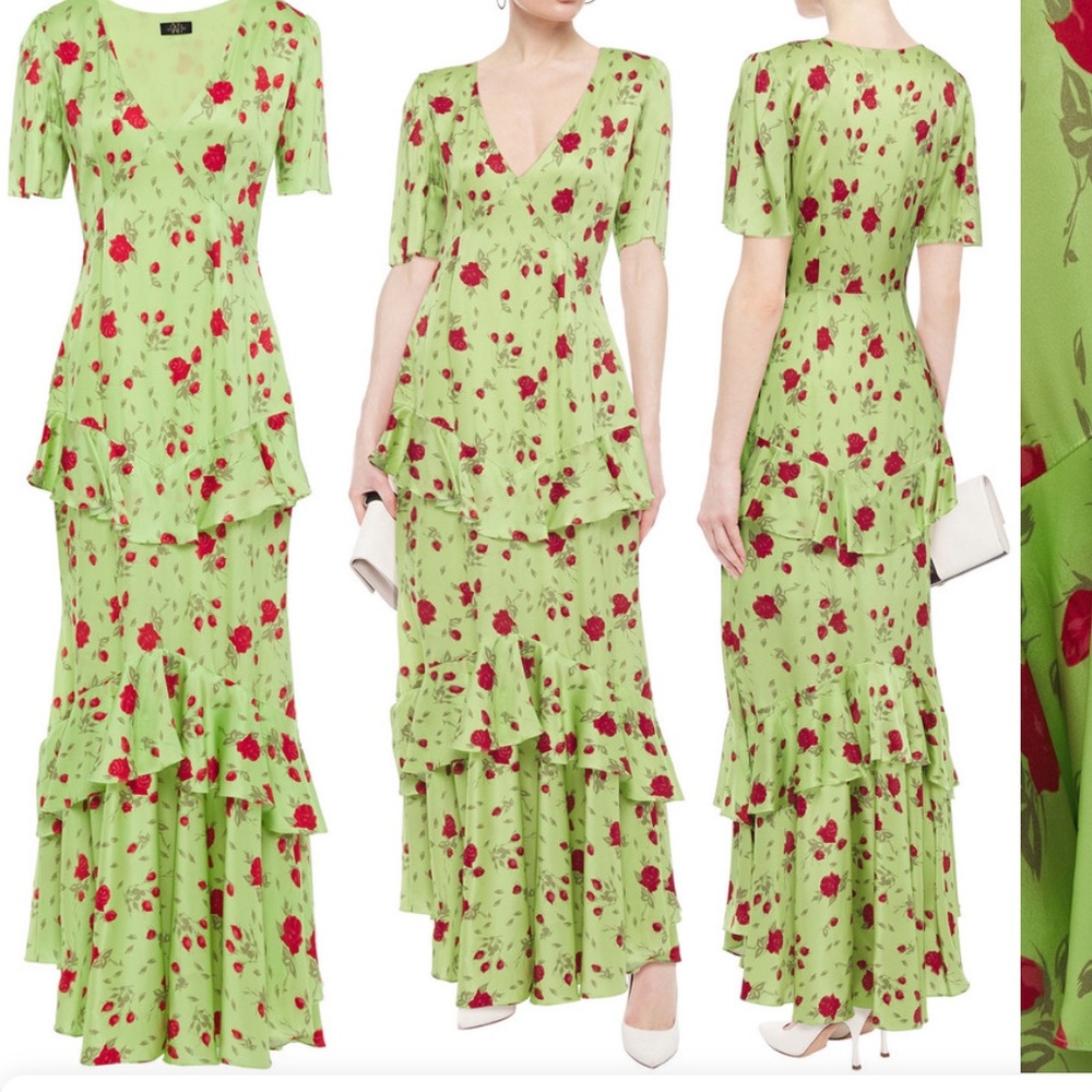 De La Vali Floral Print Stretch-Satin Maxi Dress